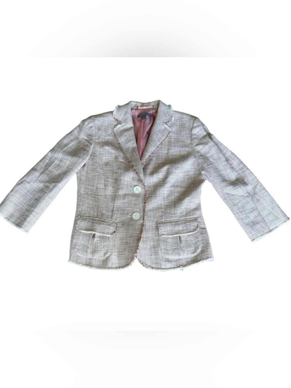 Ann Taylor Peach Tan Tweed Fringe Blazer Jacket Sz 4 Preppy Old Money Office